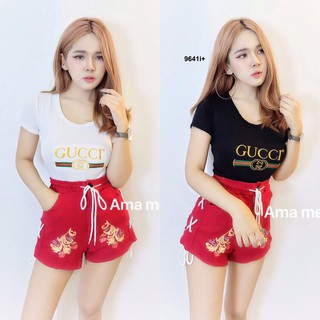 TwinsShopVip💗พร้อมส่ง TW9641 Set 2 ชิ้น เสื้อปักลาย + กางเกงขาสั้นเจาะตาไก่สานเชือก