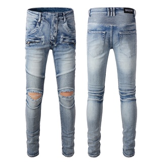 BALMAIN blue jeans hip-hop washed ripped feet pants Balmain jeans mans Balmain Blue Motorcycle jeans