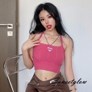 S-G/Women´s Halter Crop Tops, Summer Sleeveless Heart Embroidery Cable Knit Tight Camisole