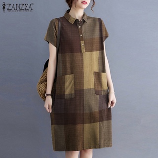 Zanzea ชุดเดรส Midi Dress แขนสั้นคอปกทรงหลวมสําหรับสตรี