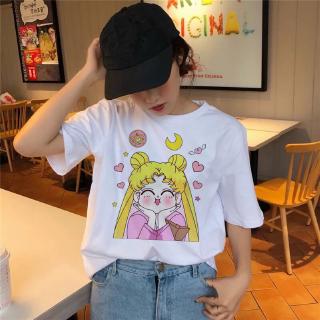 เสื้อยืดลําลองสําหรับสตรีผ้าฝ้ายแขนสั้นคอก ลมลาย Sailor Moon ขนาดใหญ่