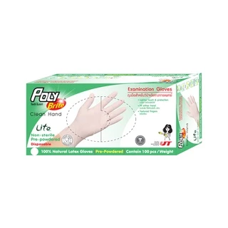 Poly-Brite โพลี-ไบรท์ ถุงมือยางธรรมชาติ มีแป้ง รุ่น Extra Thin Lite (100 ชิ้น/กล่อง) ถุงมือสัมผัสอาหาร ถุงมือทำอาหาร