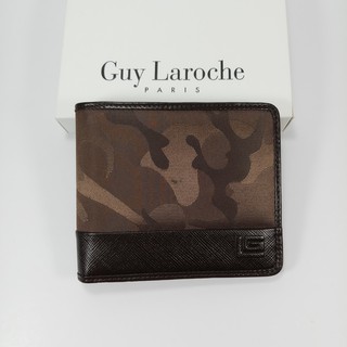 Guy Laroche แท้!!! กระเป๋าสตางค์ผู้ชายพับเดียว  สีน้ำตาล หนังแท้สลับผ้าไนล่อนลายพราง ด้านในหนังลาย โลโก้หนังปั๊มนูน