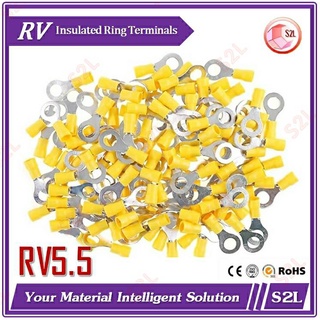 【RV5.5】 หางปลากลมหุ้ม สีเหลือง RV5.5-4/RV5.5-6/RV5.5-8 สำหรับสายขนาด 10-12 AWG **【10pcs/pack】**