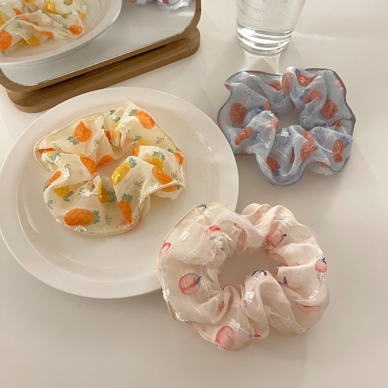 Scrunchie ยางรัดผมพิมพ์ลายผลไม้น่ารักๆ รุ่นสีสดใสมากค่า ดีเทลวิ้งๆ พร้อมส่งนะคะ
