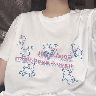 Good dream lamb print cute white T-shirt solid round neck sister soft sister couple short sleeve