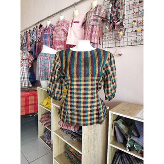 เสื้อผ้าขาวม้าแขนบอลลูนคอกลมผ้าหมักโคลน
