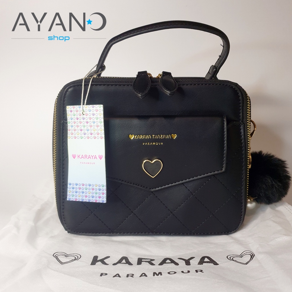 กระเป๋าสะพายแบรนด์แท้ KARAYA ทรงกล่อง (สีดำ) สาย 2 เส้น