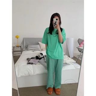Cicishop SALE(C2096)ชุดเช็ตเสื้อยืด+กางเกงขายาวลายสก๊อต ใส่เล่นใส่นอนก็ได้ ผ้าใส่สบาย