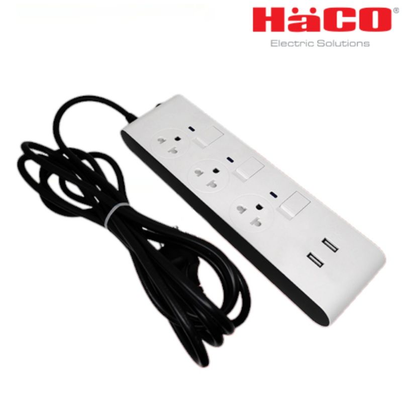 Haco ปลั๊กพ่วง รางปลั๊ก 3 ช่อง 3 สวิตซ์ 3 เมตร + USB2.1A - EJ-3S3EBUSB/3 Slim Design รองรับ 2300W 10