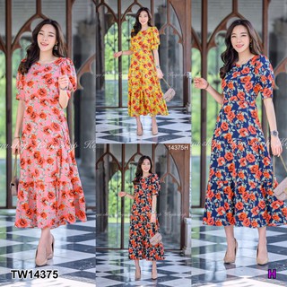 PP14375  เดรสยาวแขนพองลายดอกกุหลาบ