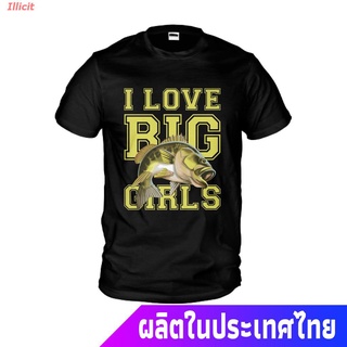 Illicit fishingเสื้อยืดกีฬา เสื้อยืดสีดำสำหรับนักตกปลา I Love Big Girls Fishing T-Shirt เสื้อตกปลาแขนสั้นเสื้อยืดกลางแจ้