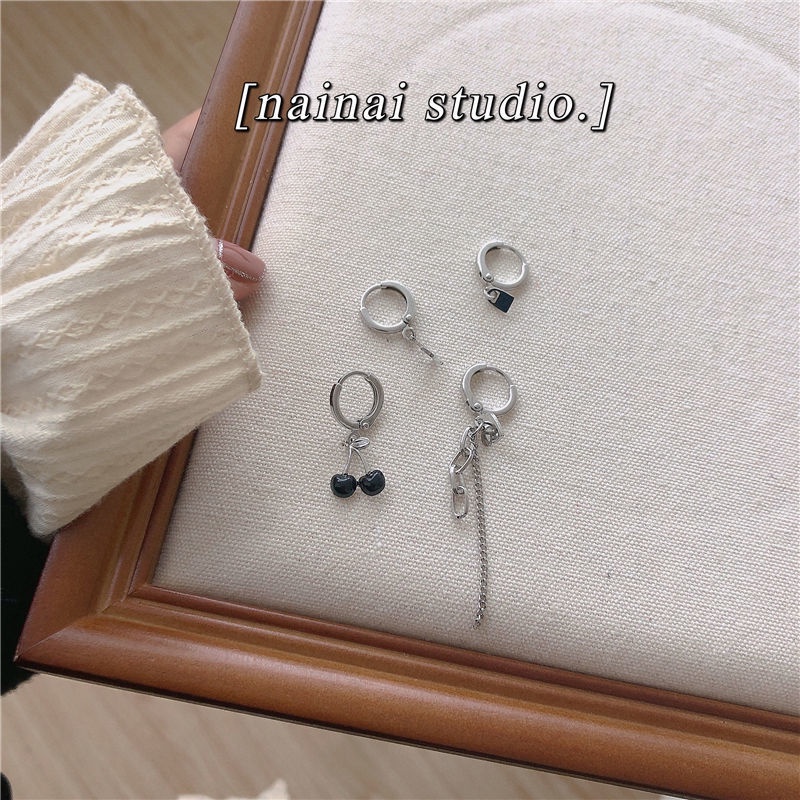 4PCS Black Cherry Earrings Set Simple Design Peach Heart Chain Earrings ราคา ถูกที่สุด ดีลบีเคเค แกลเลอรีภาพที่ 3