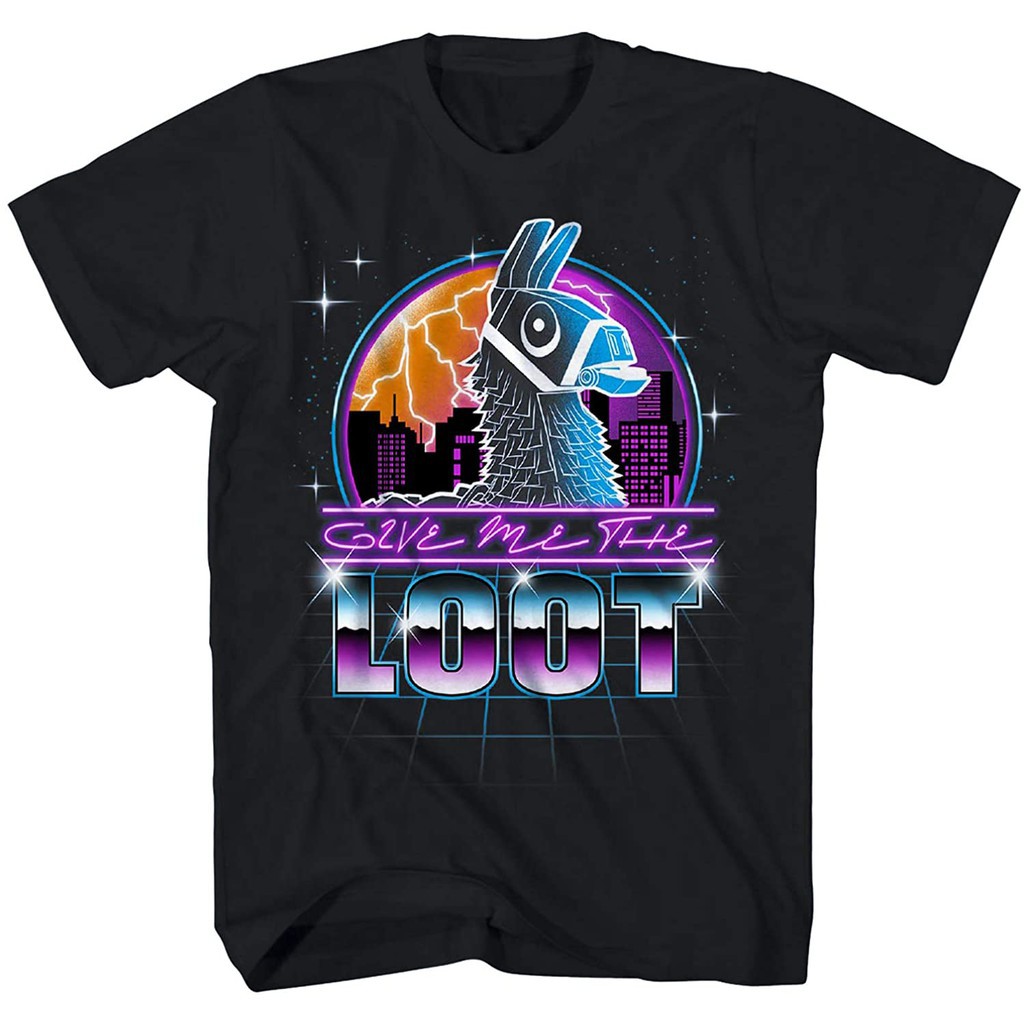 คอลูกเรือเสื้อยืดคอกลมmad engine fortnite shirt mens 'llama มอบของขวัญเรืองแสงในเสื้อยืดสีดำเข้มผ้าฝ