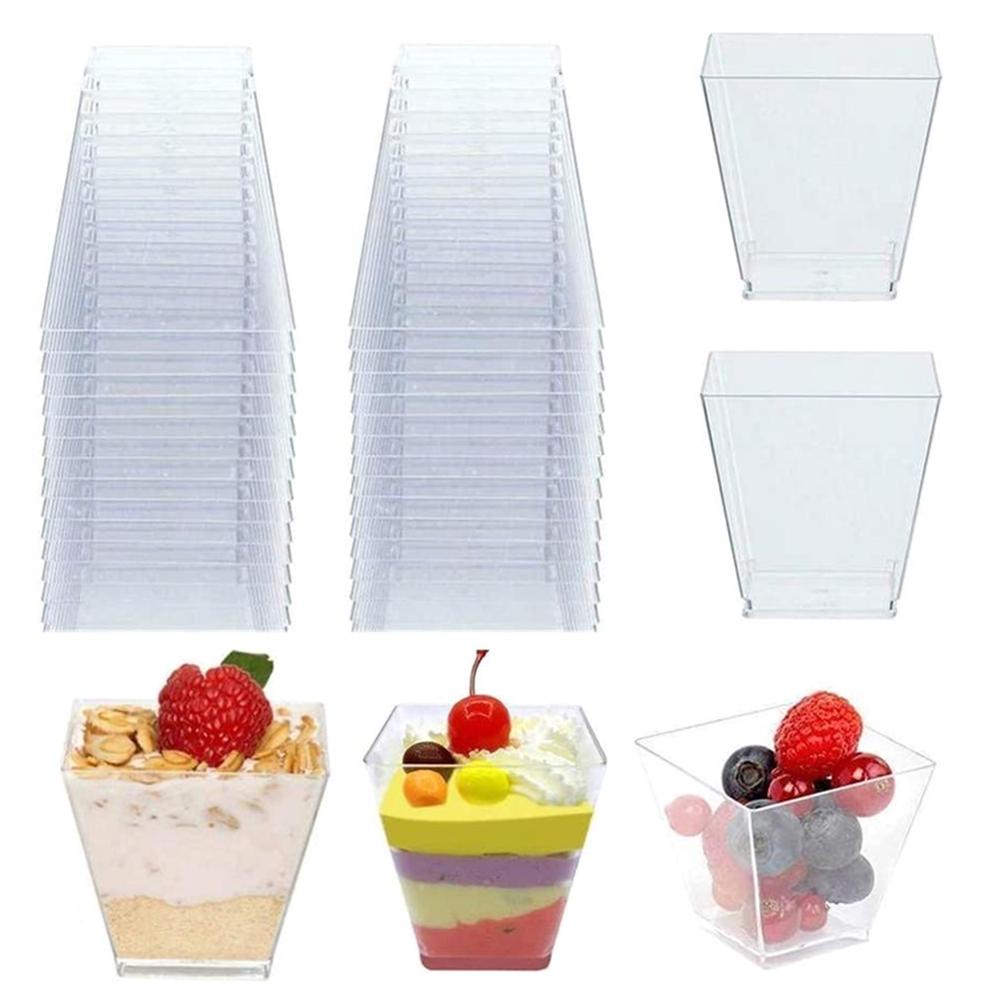 50pcs Transparent Plastic Cups Mousse Cup Square Food Container for Jelly Yogurt Smoothie Dessert Wi