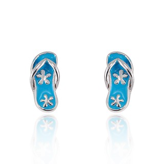 Suvani Jewelry-Earring Silver 925% ต่างหูรองเท้าเกี๊ยะญี่ปุ่นเพ้นท์ลายดอกซากุระ สีฟ้า น่ารัก ใส่ได้ทั้งเด็กและผู้ใหญ่