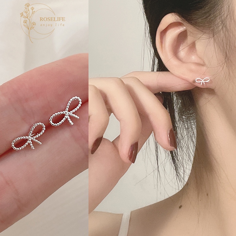 Roselife ต่างหูสตั๊ด เงิน S925 ประดับโบว์กลวง ป้องกันอาการแพ้ เครื่องประดับแฟชั่น สําหรับผู้หญิง 1 คู่