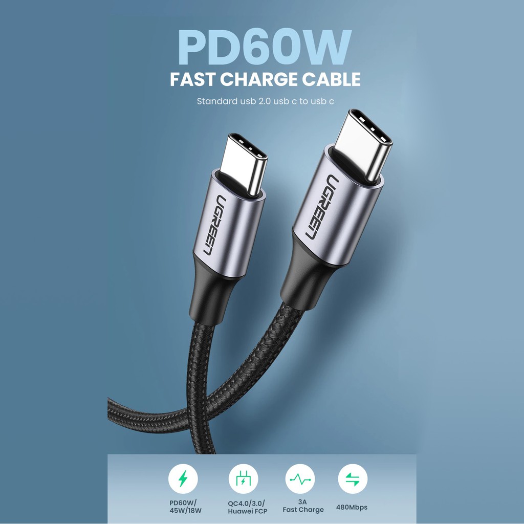 UGREEN สายชาร์จ USB Type C PD 60W สําหรับแท็บเล็ตโทรศัพท์แล็ปท็อป | Ugreen 50150 - LDSTORES