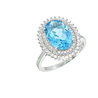 แหวนพลอยสวิสบลูโทพาส(Swiss Blue Topaz)สีฟ้าสดล้อมเพชรรัสเซียCZ ตัวเรือนเงินแท้ 925 NA773