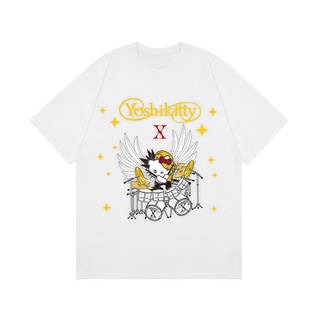 เสื้อยืดโอเวอร์ไซส์เสื้อยืดแขนสั้น ผ้าฝ้าย พิมพ์ลาย YOSHIKI HELLOKITTY X JAPAN สําหรับผู้ชาย และผู้หญิงS-3XL