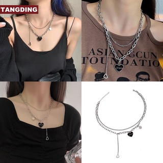 【COD Tangding】 สร้อยคอ แบบสองชั้น จี้รูปหัวใจ สีดํา เรียบง่าย เครื่องประดับแฟชั่นสตรี