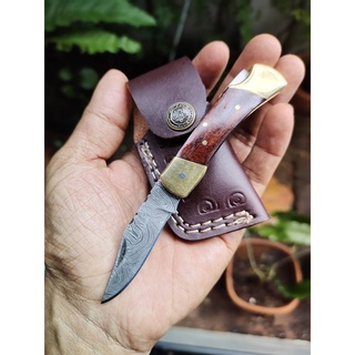 มีดพับ มีดดามัสกัส Damascus knife เหล็กดามัสกัสแท้ handmade, lock back ด้ามไม้วอลนัท โครงทองเหลือง พร้อมซองหนังแท้