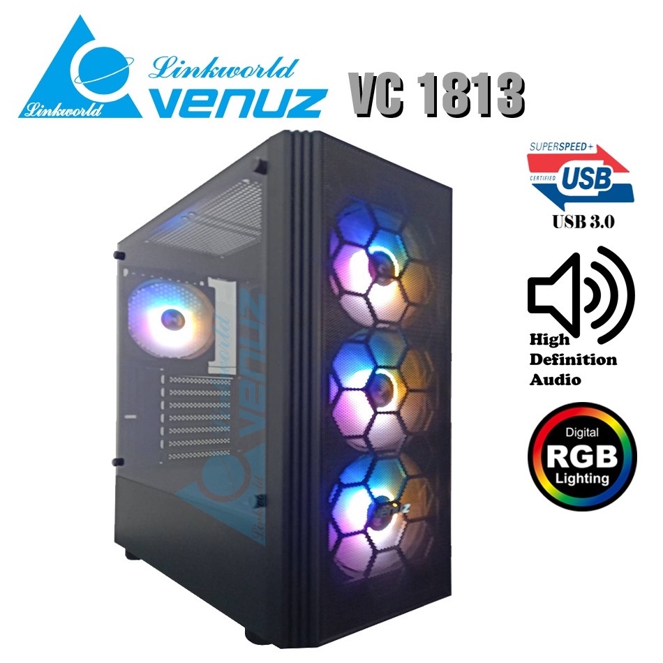 VENUZ ATX Mid Tower Tempered Glass Gaming Case with Rainbow RGB Fan x4 VC 1813