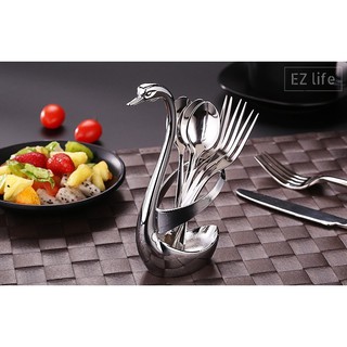 EZ ช้อนส้อมผลไม้ สแตนเลส 304 Swan Breakfast Dinner Lunch Dining Afternoon Tea Fruit Spoon Fork Stainless Steel 304 Set