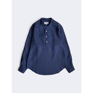 [JBB*] NAVY BLUE BAND COLLAR PULLOVER SHIRT WITH SIDE POCKETS เจบีบี เชิ้ต ผ้าลินิน แขนยาว แบบสวมหัว