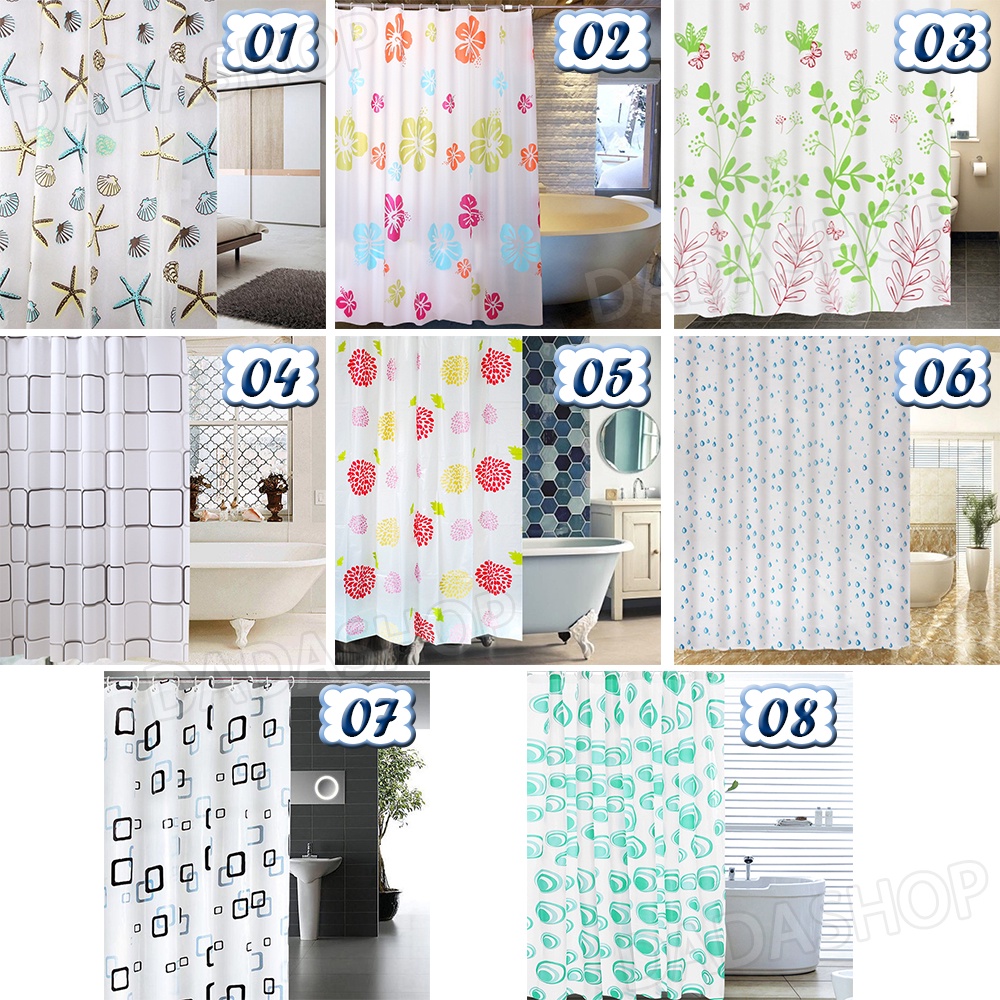 ผ้าม่านในห้องน้ำพร้อมห่วงตะขอ ราวแขวนสแตนเลส De1 วัสดุม่านพลาสติก PEVA กันน้ำกันเชื้อราไม่อับชื้น ขนาด 180X180cm มี 8ล