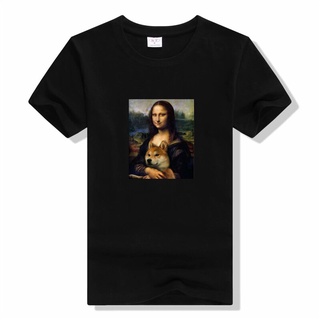 เสื้อยืดผ้าฝ้ายพรีเมี่ยม เสื้อยืด พิมพ์ลาย Mona Lisa Hugging dog 90s สไตล์วินเทจ แฟชั่นฮาราจูกุ สําหรับผู้หญิง