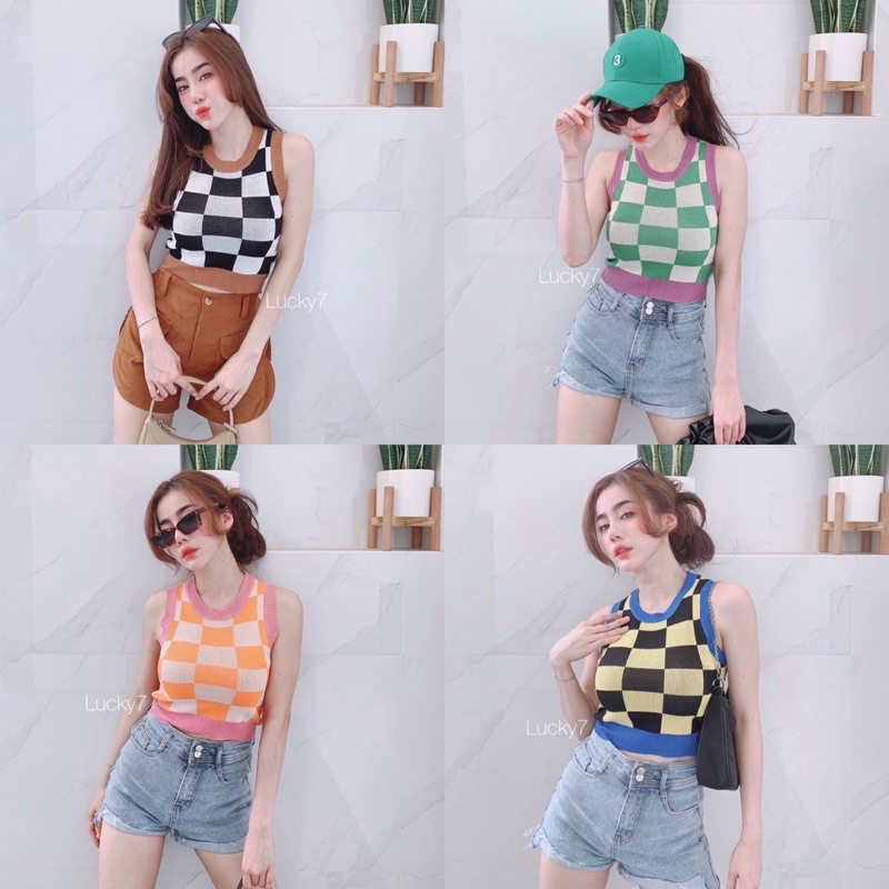 SpinnyHouse เสื้อกล้ามครอป เนื้อผ้าไหมพรมแมชสีสุดคูลลลล ทรงครอปจั้มช่วงเอว เล่นดีเทลลายสก็อต สตาร์บัค