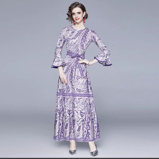 #Diversion6631 เดรสยาวพิมพ์ลาย ผ้า silk italy พิมลาย ชิปหลังปลายแขนบาน มีสายผูกเอว เสื้อแฟชั่น