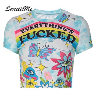 Sweeticme ใหม่ เสื้อยืดคอกลม แขนสั้น พิมพ์ลาย เข้ารูป โชว์สะดือ แฟชั่นสําหรับผู้หญิง 2022