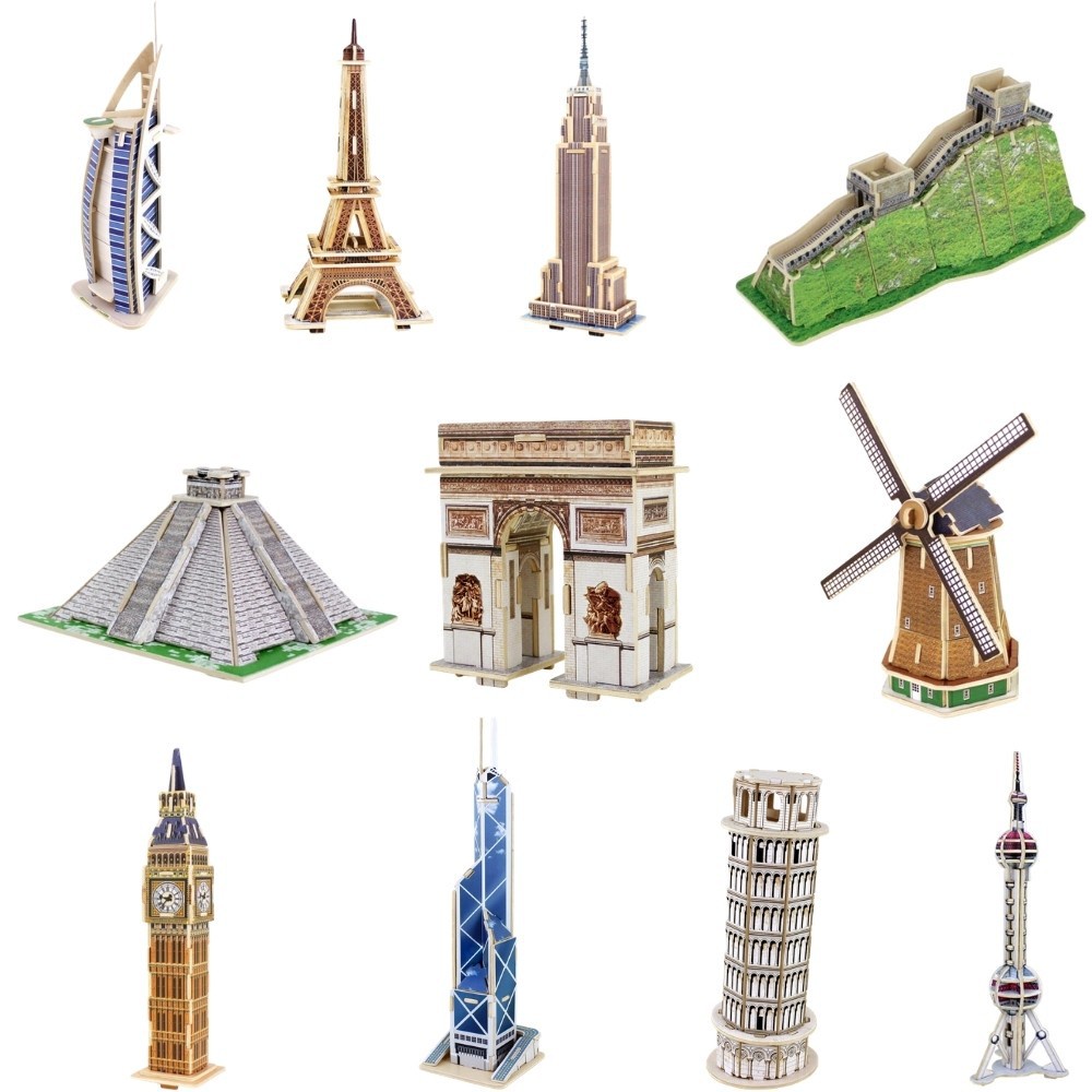 Robotime Wooden 3D Model สถาปัตยกรรมโลก Wonders World Windmill, Great Wall, Effe Tower