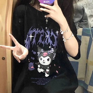 เสื้อยืดแขนสั้นลําลอง ทรงหลวม พิมพ์ลายการ์ตูน Sanrio Kuromi แฟชั่นฤดูร้อน สไตล์ฮิปฮอป สําหรับนักเรียนชาย และหญิง [RAIN]