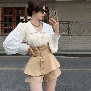 ชุดสูทแฟชั่นใหม่สามชิ้นหญิงเสื้อลูกไม้สีขาว + เอวยางยืดเอวกางเกงขาสั้นsuit