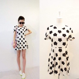 New Korean version of the retro flowers waist Slim short-sleeved dress pleated flower dress