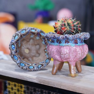พร้อมจัดส่ง กระถางดินเผาเคลือบเซรามิคแฮนเมค กระถางแคคตัส 4 ขา กระถางไม้อวบน้ำ กระถางต้นไม้ Ceramic Handmade