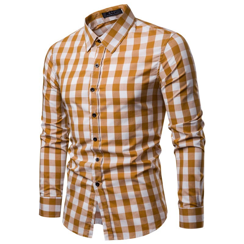 เสื้อเชิ้ตลายสก็อตผู้ชายแขนยาว ผ้าคอตตอนบาง
