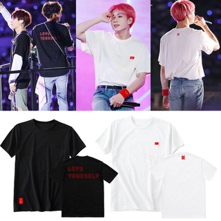 KPOP BTS ผ้าฝ้ายเสื้อยืด LOVE YOURSELF World Tour คอนเสิร์ตวรรคเดียวกันผู้ชายผู้หญิงแขนสั้นสไตล์เกาหลีแฟชั่นสบายๆนักเรีย