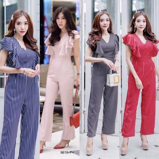 9619 Jumpsuit จั๊มสูท ไหล่ระบาย ลายริ้ว