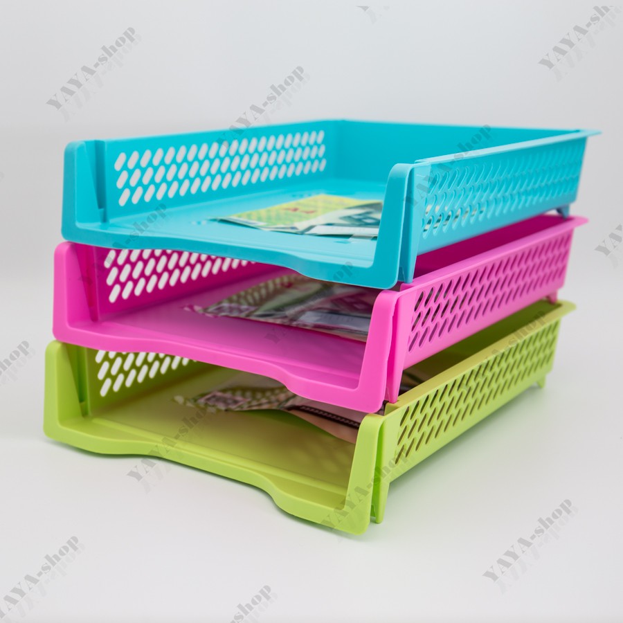 YAYA-shop ชั้นวางเอกสารอเนกประสงค์ วางซ้อนกันได้ แพ็ค 3 ชั้น 3 สี K-617-BPG