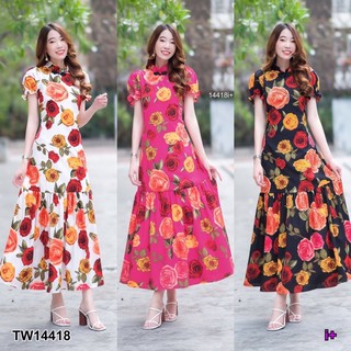 🌸🛷เดรสตรุษจีน Maxi Dress เดรสยาว คอจีนแต่งกระดุมจีน แขนตุ๊กตตา ชายกระโปรตัดต่อระบาย มีซับในซิปหลัง