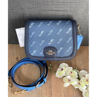 สีน้ำเงินลายม้า Coach  Saddle Bag With Horse And Carriage Dot Print Denim