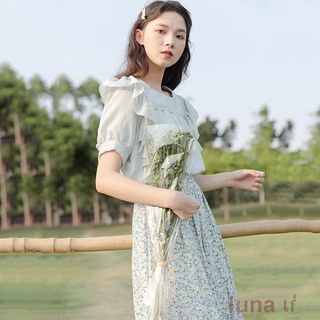 Luna 💕💕จั้มสูททูพีช แขนพัฟ คอเหลี่ยม แต่งระบาย