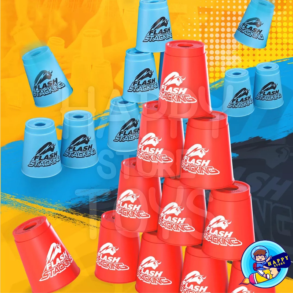 แก้วสแต็ก QY FLASH STACKING CUP 5 สี Cup ในกล่องพลาสติก ขนาดมาตรฐาน ความสูง 9.5 ซม. 1 ชุด มี 12 ใบ