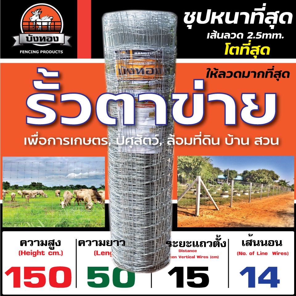 รั้วตาข่ายแรงดึง รั้วตาข่าย ลวดตาข่าย บังทอง 150F (สูง 150cm. ยาว 50m.)