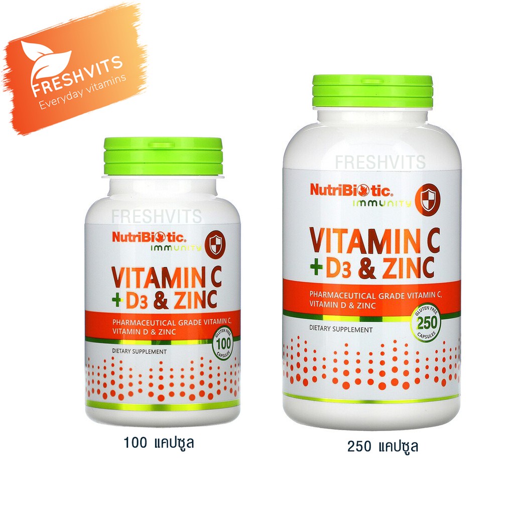 พร้อมส่ง NutriBiotic, รวมในเม็ดเดียว D C Zinc, Immunity, Vitamin C + D3 & Zinc, 100 & 250 Capsules
