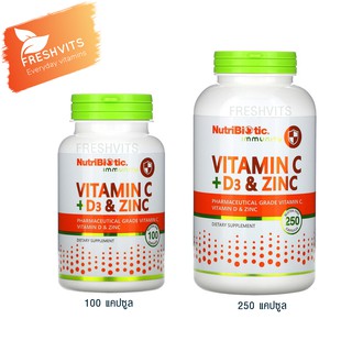 พร้อมส่ง NutriBiotic, รวมในเม็ดเดียว D C Zinc, Immunity, Vitamin C + D3 &amp; Zinc, 100 &amp; 250 Capsules